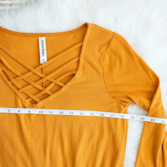 ZENANA MUSTARD FALL YELLOW 3/4 SLEEVE BRAIDED CAGE FRONT TUNIC TOP - Picture 5 of 9